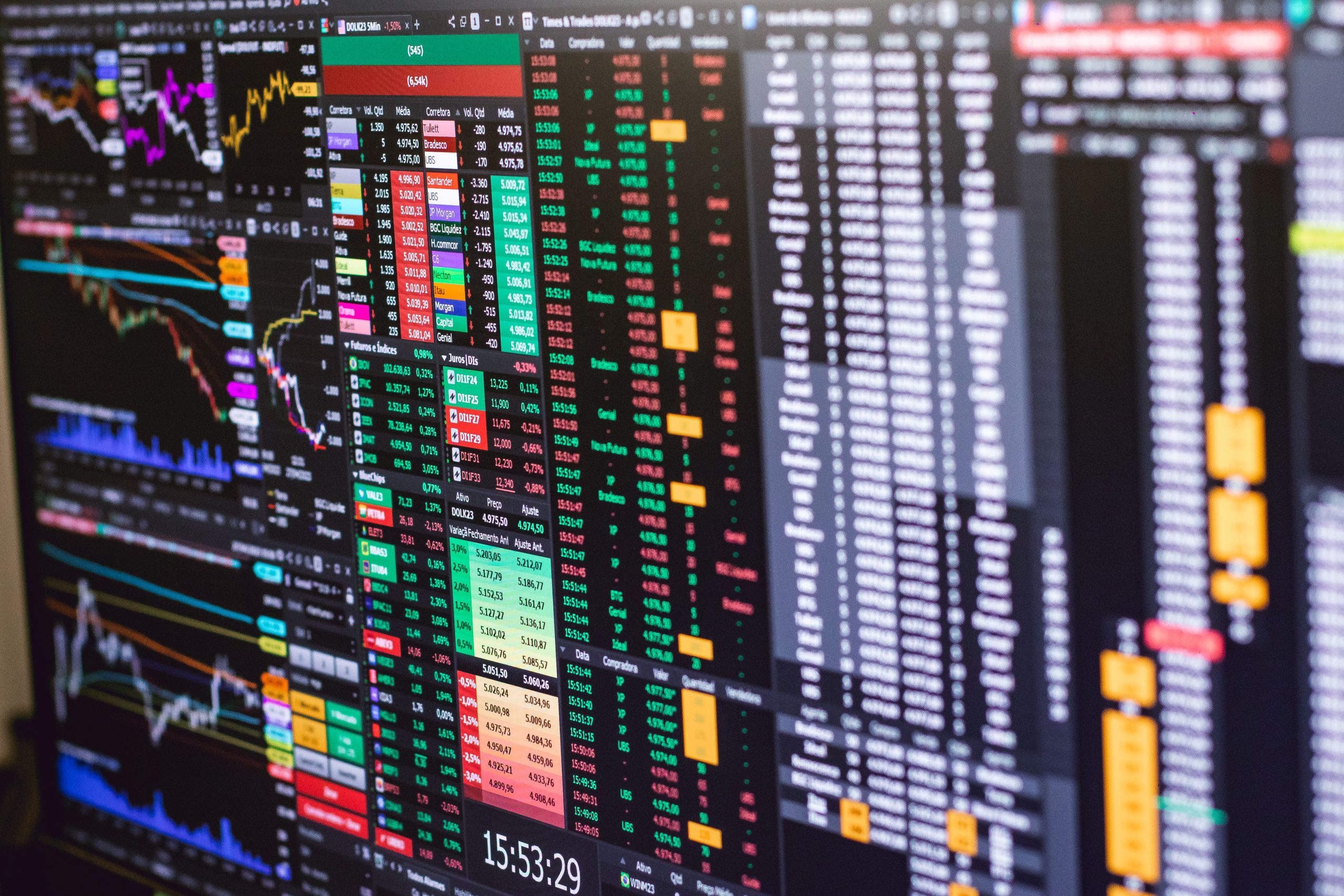 New York Stock Exchange trading floor,stock market candlestick chart on monitor,forex trading desk with multiple screens,Wall Street financial district skyscrapers,blue and red trading chart close-up